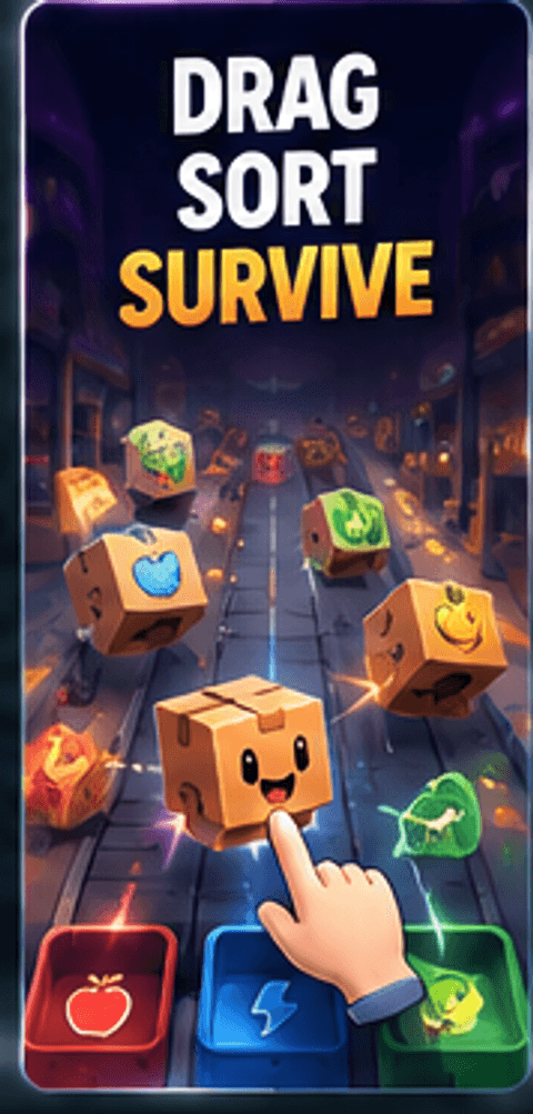 Screenshot: dragging a box toward a colored crate, panel reads Drag Sort Survive