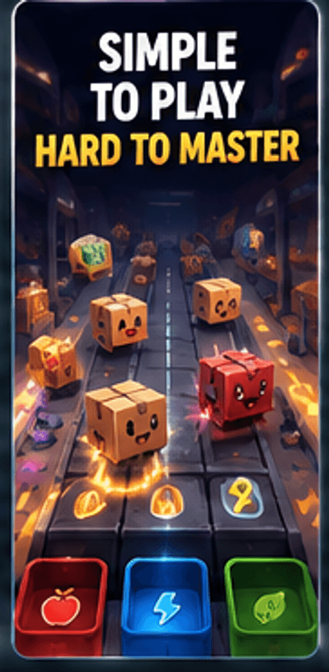 Screenshot: crowded conveyor belt, panel reads Simple to Play, Hard to Master